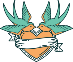 imagem icônica do estilo tatuagem de andorinhas e um coração com banner png