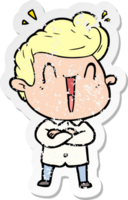 distressed sticker of a cartoon excited man png