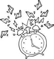 hand drawn black and white cartoon ringing alarm clock png