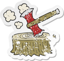 retro distressed sticker of a cartoon tree stump and axe png