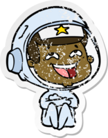 verontruste sticker van een cartoon lachende astronaut png