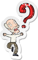 retro distressed sticker of a cartoon old man with question png