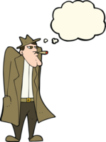 cartoon man in hat and trench coat with thought bubble png