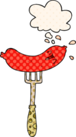 cartoon happy sausage on fork with thought bubble in comic book style png