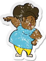 retro noodlijdende sticker van een cartoon gelukkige dame met overgewicht png