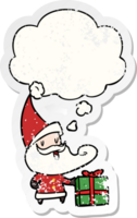 cartoon santa claus with thought bubble as a distressed worn sticker png