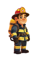 Cartoon young firefighter in full gear with a helmet and carrying a fire extinguisher, smiling confidently png