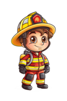 Cartoon young firefighter in full gear with a helmet and carrying a fire extinguisher, smiling confidently png