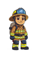 Cartoon young firefighter in full gear with a helmet and carrying a fire extinguisher, smiling confidently png