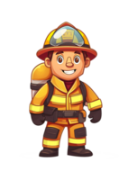 Karikatur jung Feuerwehrmann im voll Ausrüstung mit ein Helm und Tragen ein Feuer Feuerlöscher, lächelnd selbstbewusst png