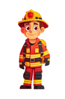 tecknad serie ung brandman i full redskap med en hjälm och bärande en brand eldsläckare, leende självsäkert png