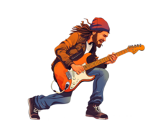 énergique guitariste immergé dans jouant, avec longue cheveux et une bonnet, balancement en dehors sur un électrique guitare png