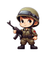 chibi estilo ilustração do uma jovem, confiante soldado dentro combate engrenagem com óculos e uma capacete png