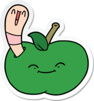 adesivo de um verme feliz de desenho animado em uma maçã png