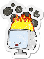 retro distressed sticker of a cartoon burning computer png