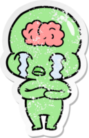 distressed sticker of a cartoon big brain alien crying png