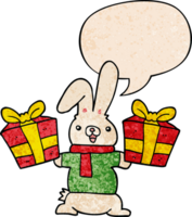 cartoon rabbit with christmas presents with speech bubble in retro texture style png