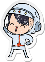 distressed sticker of a happy cartoon space girl png