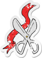 retro distressed sticker of a cartoon scissors cutting ribbon png