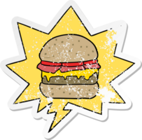 cartone animato impilati hamburger con discorso bolla afflitto afflitto vecchio etichetta png