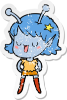 distressed sticker of a happy alien girl cartoon png