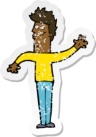 retro distressed sticker of a cartoon happy waving man png