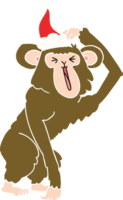 hand drawn flat color illustration of a chimp scratching head wearing santa hat png