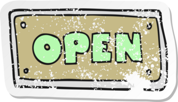 retro distressed sticker of a cartoon open sign png