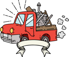 scroll banner with tattoo style truck carrying junk png