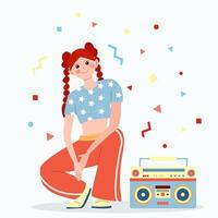 y2k character, 90s, girl with tape recorder, elements background, illustration vector