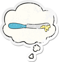 cartoon butter knife with thought bubble as a distressed worn sticker png