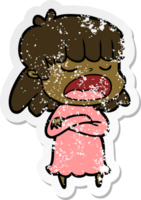 distressed sticker of a cartoon woman talking loudly png