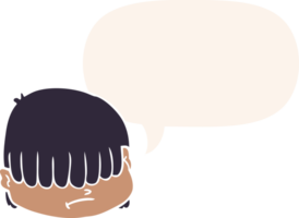 cartoon face with hair over eyes with speech bubble in retro style png