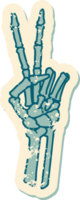 iconic distressed sticker tattoo style image of a skeleton giving a peace sign png