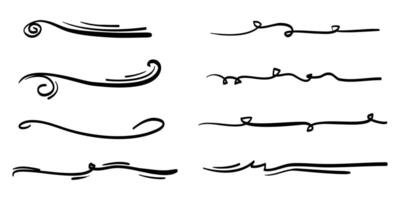 Hand drawn set of underline, curly swishes, swashes, swoops. swirl. Highlight text elements vector