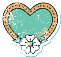 iconic distressed sticker tattoo style image of a heart and flower png