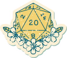 Retro Tattoo Style natural 20 D20 dice roll with floral elements png