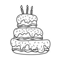 Hand drawn Doodle Birthday cake with candles. Simple Outline illustration isolated on a white background. Editable stroke element vector