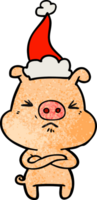 hand drawn textured cartoon of a angry pig wearing santa hat png