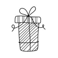 Hand drawn Doodle gift with ribbon bow and pattern. Simple Outline editable stroke illustration of giftbox, present isolated on a white background vector