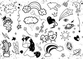 Black and White Hand Drawn Doodles of Cute Elements vector