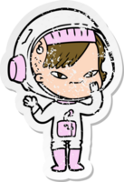 distressed sticker of a cartoon astronaut woman png