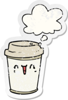 cartoon take out coffee with thought bubble as a distressed worn sticker png