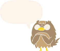 mignonne dessin animé sage vieux hibou avec discours bulle dans rétro style png