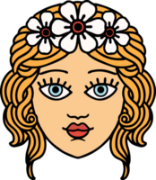 tattoo in traditional style of female face with crown of flowers png