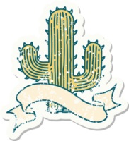 worn old sticker with banner of a cactus png