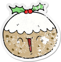 distressed sticker of a cute cartoon christmas pudding png