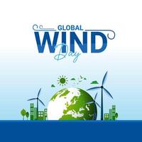 global viento día verde natural creativo anuncio diseño. tierra globo y viento, esg y limpiar energía concepto, concepto de sostenible ecológico futuro y alternativa energía de un eco simpático planeta. vector