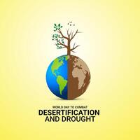 tierra día o mundo ambiente día, combate desertificación y sequía concepto. clima cambio y global calentamiento tema. salvar nuestra planeta, proteger verde naturaleza. En Vivo y seco árbol en globo en mano. vector