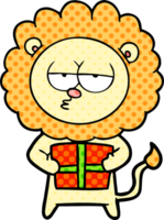 dessin animé lion ennuyé avec cadeau png